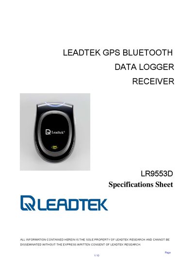 Leadtek LR9553D GPS Bluetooth Data Logger Specifications Sheet - cover page