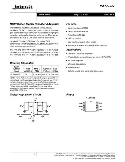 Intersil ISL55005 MMIC Silicon Bipolar Broadband Amplifier Data Sheet - cover page