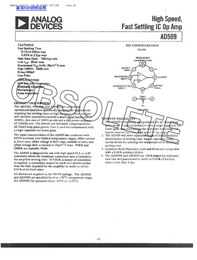 Analog Devices AD509 High Speed Op Amp Datasheet - cover page