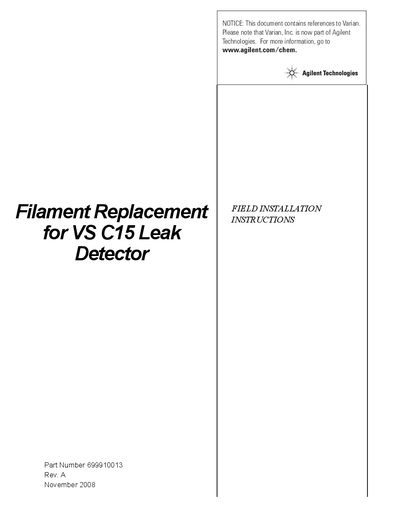 Varian VS C15 Leak Detector Filament Replacement Field Instructions - cover page