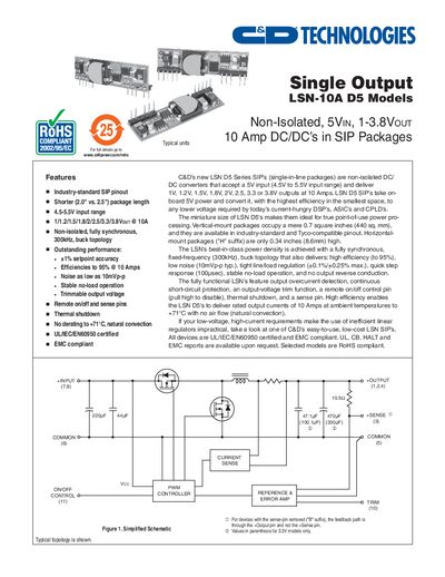 MURATA POWER SOLUTIONS Single Output LSN-10A D5 Models Features Non-Isolated 5VIN 1-3.8VOUT 10 Amp DC/DC s in SIP Packages - cover page