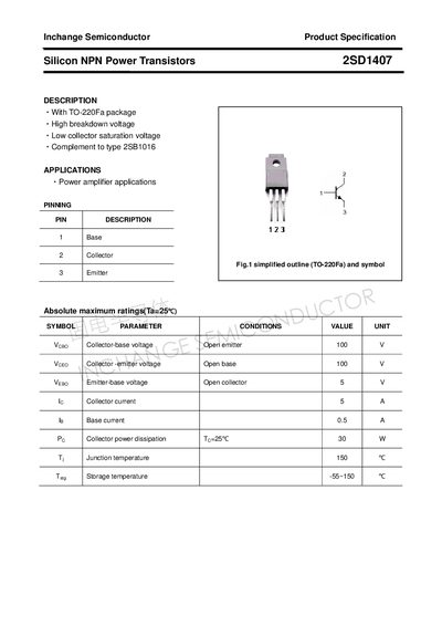Inchange 2SD1407 Silicon NPN Power Transistor Product Specification - cover page