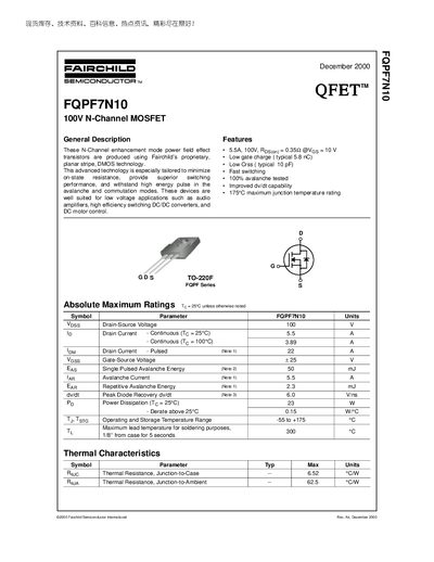 Fairchild FQPF7N10 N-Channel MOSFET Datasheet - cover page