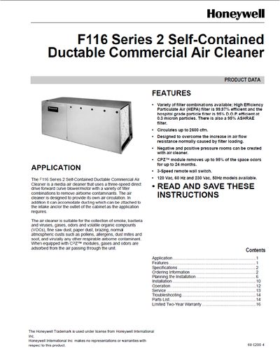 Honeywell F116 Series 2 Commercial Air Cleaner User Manual - cover page
