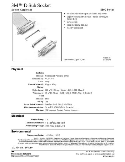 3M 8300 Series D Sub Socket Datasheet - cover page