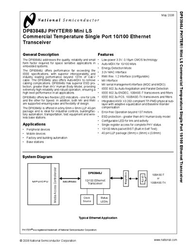 National DP83848J Ethernet Transceiver Datasheet - cover page