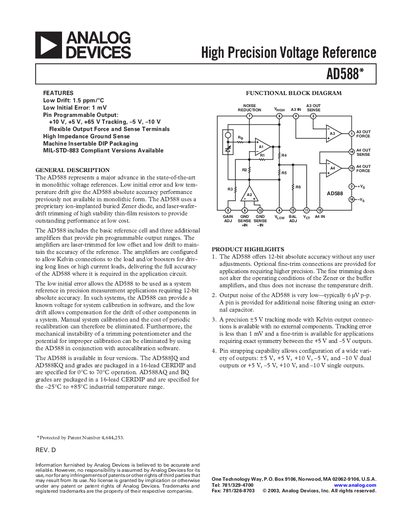 Analog Devices AD588* High Precision Voltage Reference Datasheet