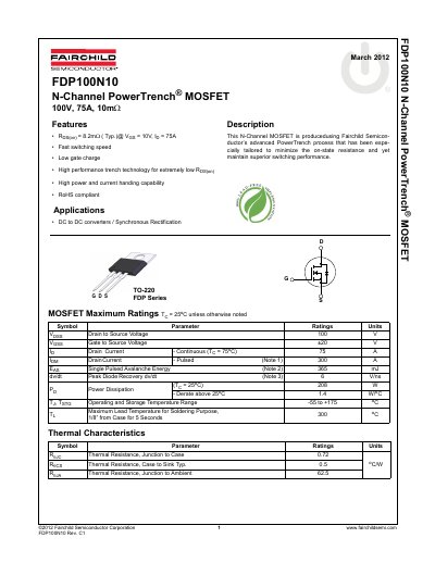 Fairchild FDP100N10 N-Channel PowerTrench MOSFET Datasheet - cover page
