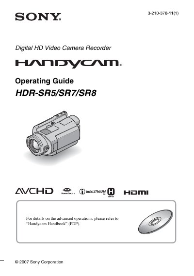 Sony HDR-SR5 / HDR-SR7 / HDR-SR8 Camcorder Operating Guide - cover page