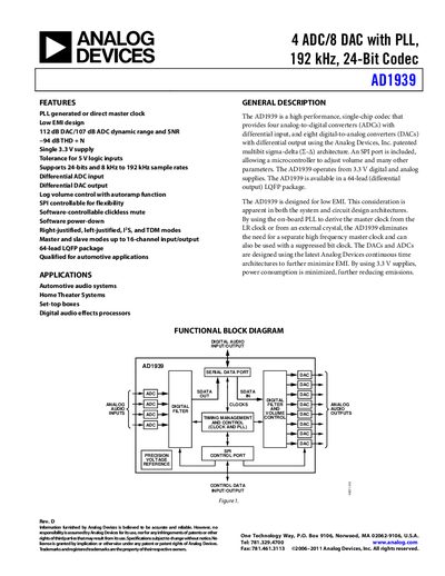 Analog Devices AD1939 Audio Codec Product Handbook - cover page