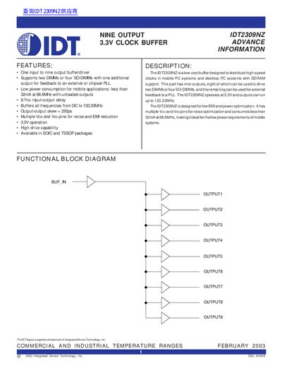 IDT IDT2309NZ Nine Output 3.3V Clock Buffer Datasheet