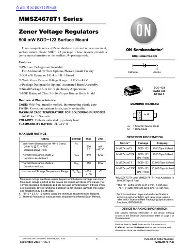 ON MMSZ4678T1 Series Zener Voltage Regulators 500 mW SOD 123 Surface Mount handbook - cover page