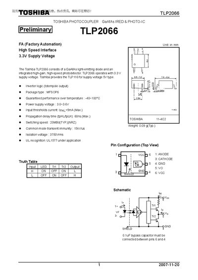 Toshiba TLP2066 Photocoupler Datasheet - cover page
