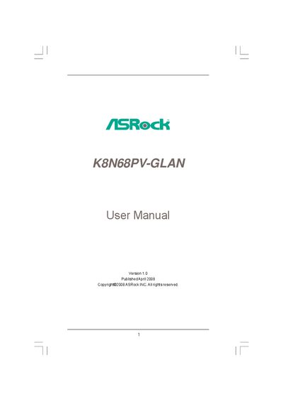 ASRock K8N68PV-GLAN Motherboard User Manual - cover page