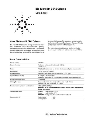 Agilent Bio-Monolith DEAE Column Data Sheet - cover page