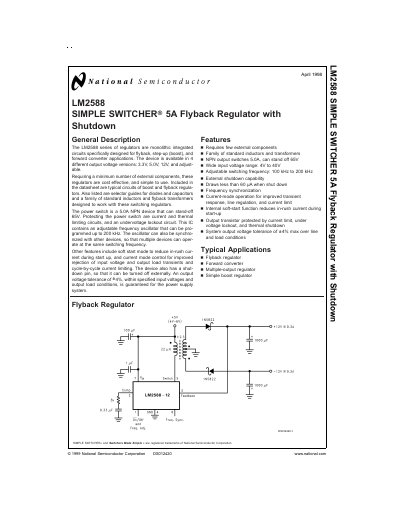 National Semiconductor LM2588 Simple Switcher 5A Flyback Regulator Datasheet - cover page