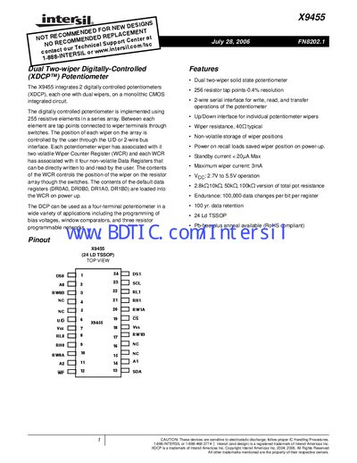 Intersil X9455 Digitally Controlled Potentiometer Datasheet - cover page
