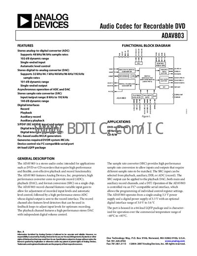 Analog Devices ADAV803 Audio Codec Datasheet - cover page