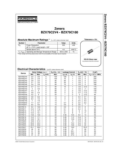 Fairchild BZX79C2V4‑BZX79C180 Zener Diode Datasheet - cover page