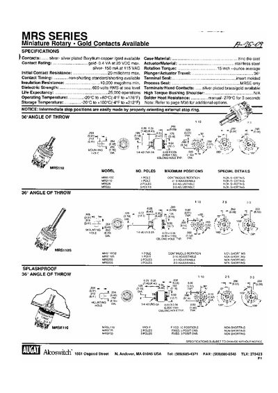 AUGAT MRS SERIES Miniature Rotary . Gold Contacts Available - cover page