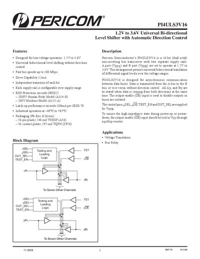 Pericom PI4ULS3V16 Level Shifter Datasheet - cover page