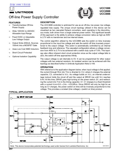 Unitrode UCC1888/UCC2888/UCC3888 Off-line Power Supply Controller Datasheet - cover page