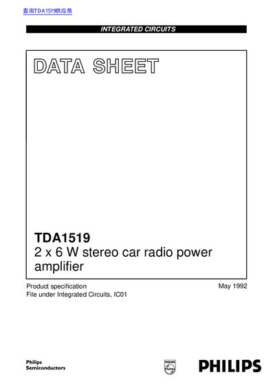 Philips TDA1519 Stereo Car Radio Power Amplifier Datasheet - cover page