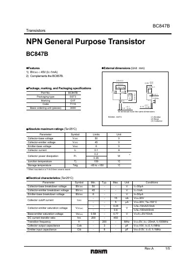 ROHM BC847B Transistor Datasheet