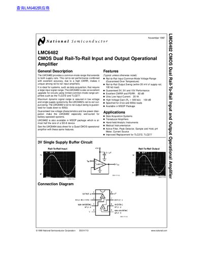 National Semiconductor LMC6482 CMOS Dual Rail-To-Rail Input and Output Operational Amplifier Datasheet - cover page