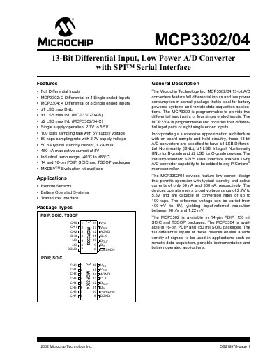 Microchip MCP3302/04 13‑Bit ADC Datasheet - cover page