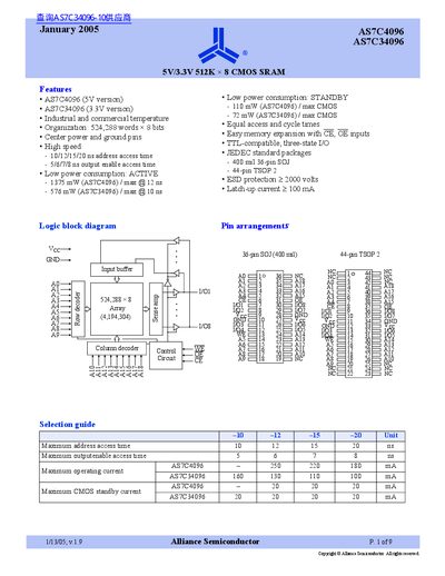 Alliance Semiconductor AS7C4096/AS7C34096 512K x 8 CMOS SRAM Datasheet