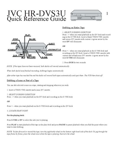 JVC HR-DVS3U Quick Reference Guide - cover page