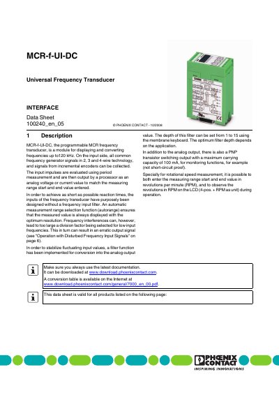 Phoenix Contact MCR-f-UI-DC Data Sheet - cover page