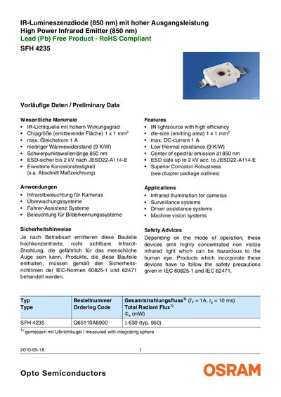 OSRAM SYLVANIA - SFH 4235 IR-Lumineszenzdiode (850 nm) mit hoher Ausgangsleistung High Power Infrared Emitter (850 nm) Lead (Pb) Free Product - RoHS Compliant - cover page