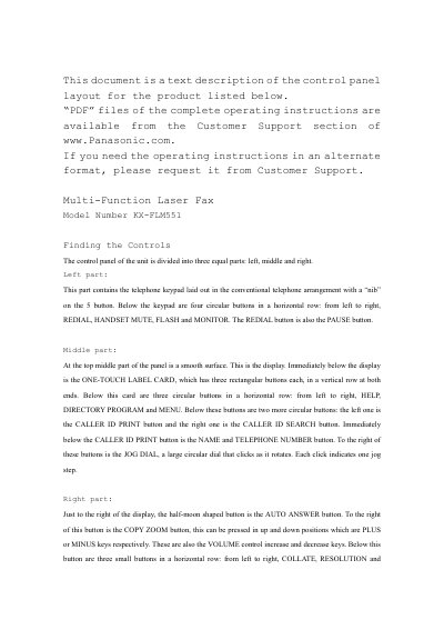 Panasonic KX-FLM551 Multi-Function Laser Fax Control Panel Layout Description - cover page