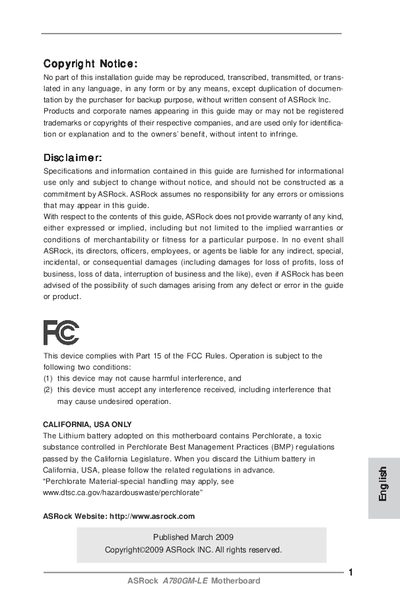ASRock A780GM-LE Motherboard User Manual - cover page