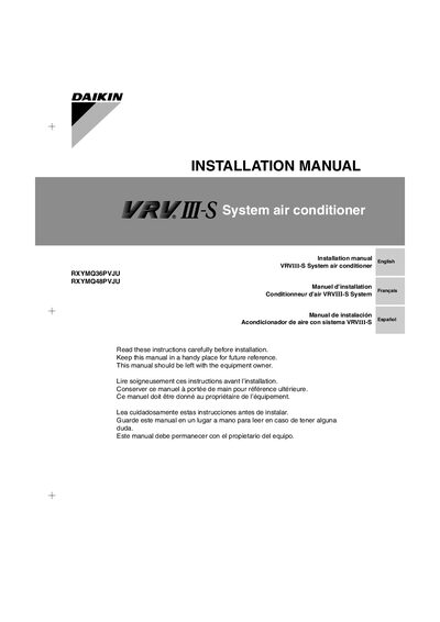 Daikin RXYMQ36PVJU / RXYMQ48PVJU Installation Manual - cover page