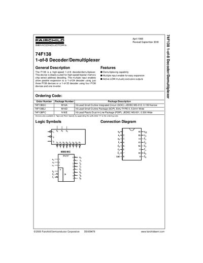 Fairchild 74F138 1-of-8 Decoder/Demultiplexer Datasheet - cover page