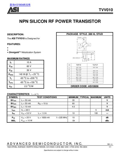 ASI TVV010 NPN Silicon RF Power Transistor Datasheet - cover page