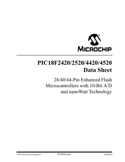 Microchip PIC18F2420/2520/4420/4520 Data Sheet - cover page