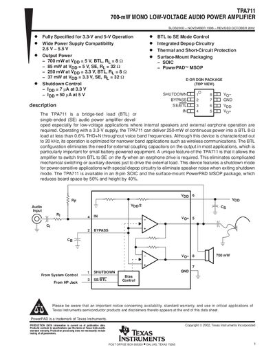 Texas Instruments TPA711 700‑mW Mono Low‑Voltage Audio Power Amplifier Datasheet - cover page
