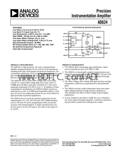 Analog Devices AD624 Instrumentation Amplifier Datasheet - cover page