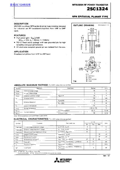 Mitsubishi Electric 2SC1324 RF Power Transistor Datasheet - cover page