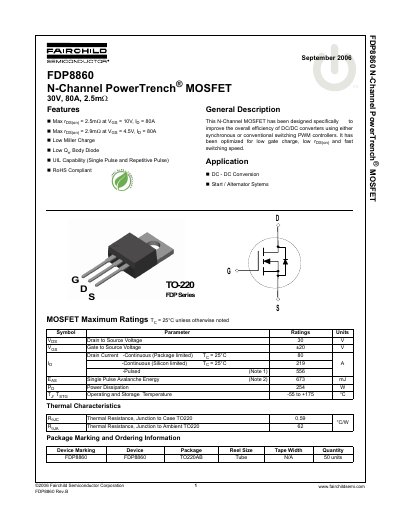 Fairchild FDP8860 N-Channel PowerTrench MOSFET Datasheet - cover page