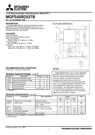 Mitsubishi Electric MGFS45B2527B GaAs Power FET Datasheet - cover page