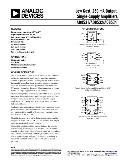 Analog Devices AD8531/AD8532/AD8534 Single-Supply Amplifiers Datasheet - cover page
