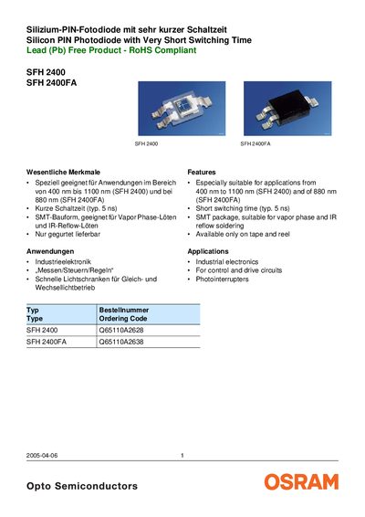 OSRAM SFH 2400 / SFH 2400FA Silicon PIN Photodiode Datasheet - cover page