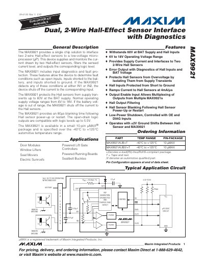Maxim MAX9921 Dual 2-Wire Hall-Effect Sensor Interface Datasheet