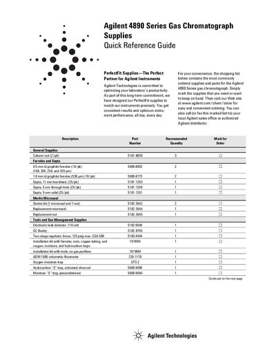 Agilent 4890 Series Gas Chromatograph Supplies Quick Reference Guide - cover page