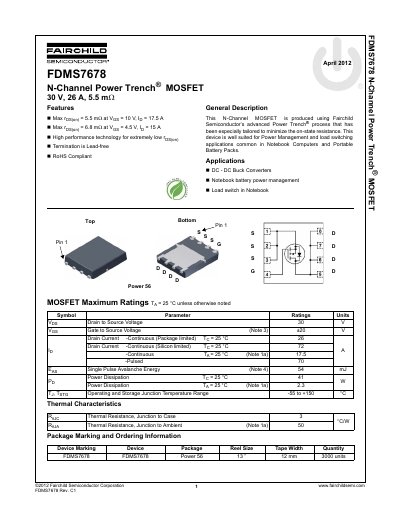 Fairchild FDMS7678 N-Channel MOSFET Datasheet - cover page